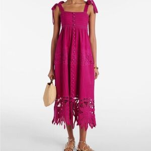 FARM Rio Pink Fuchsia Tie-Shoulder Midi Dress with Lace Crochet Hem